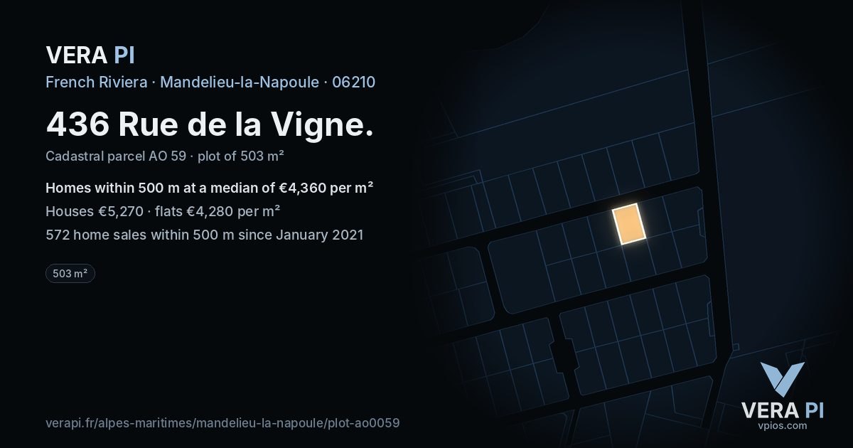 436 Rue de la Vigne, Mandelieu-la-Napoule at night – the plot lit, the parcels around coloured by the prices near them