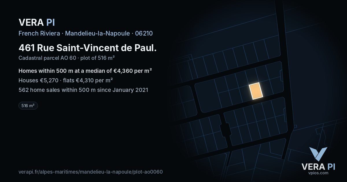 461 Rue Saint-Vincent de Paul, Mandelieu-la-Napoule at night – the plot lit, the parcels around coloured by the prices near them