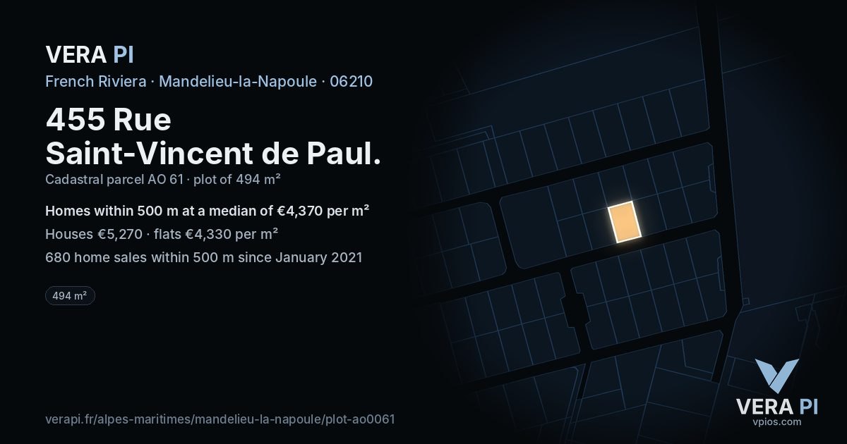 455 Rue Saint-Vincent de Paul, Mandelieu-la-Napoule at night – the plot lit, the parcels around coloured by the prices near them