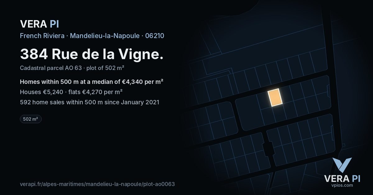 384 Rue de la Vigne, Mandelieu-la-Napoule at night – the plot lit, the parcels around coloured by the prices near them