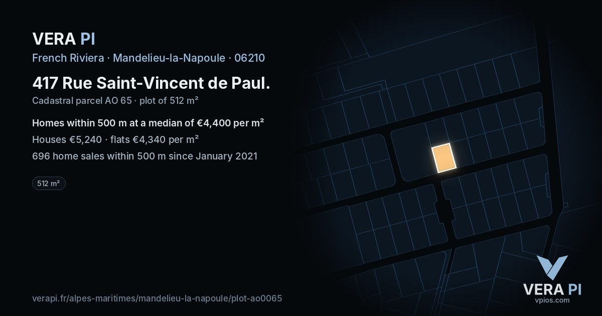 417 Rue Saint-Vincent de Paul, Mandelieu-la-Napoule at night – the plot lit, the parcels around coloured by the prices near them