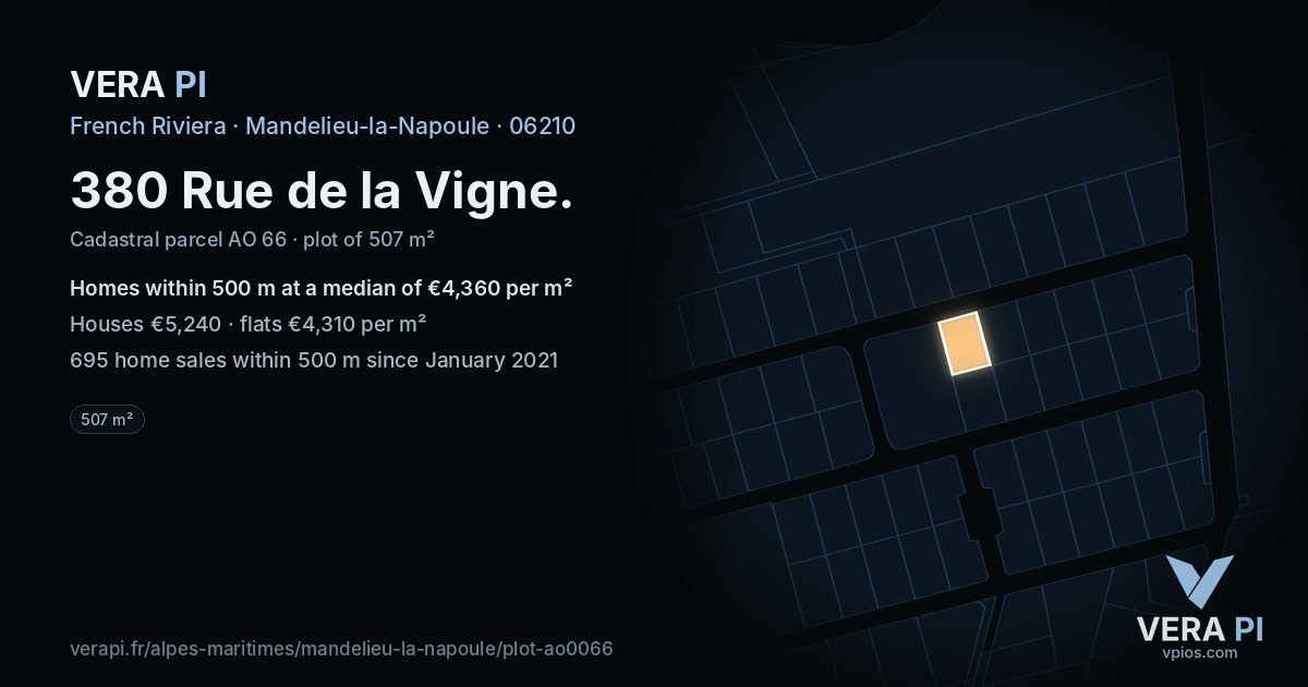 380 Rue de la Vigne, Mandelieu-la-Napoule at night – the plot lit, the parcels around coloured by the prices near them
