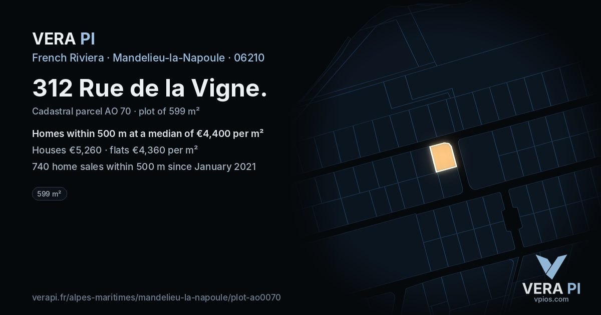 312 Rue de la Vigne, Mandelieu-la-Napoule at night – the plot lit, the parcels around coloured by the prices near them
