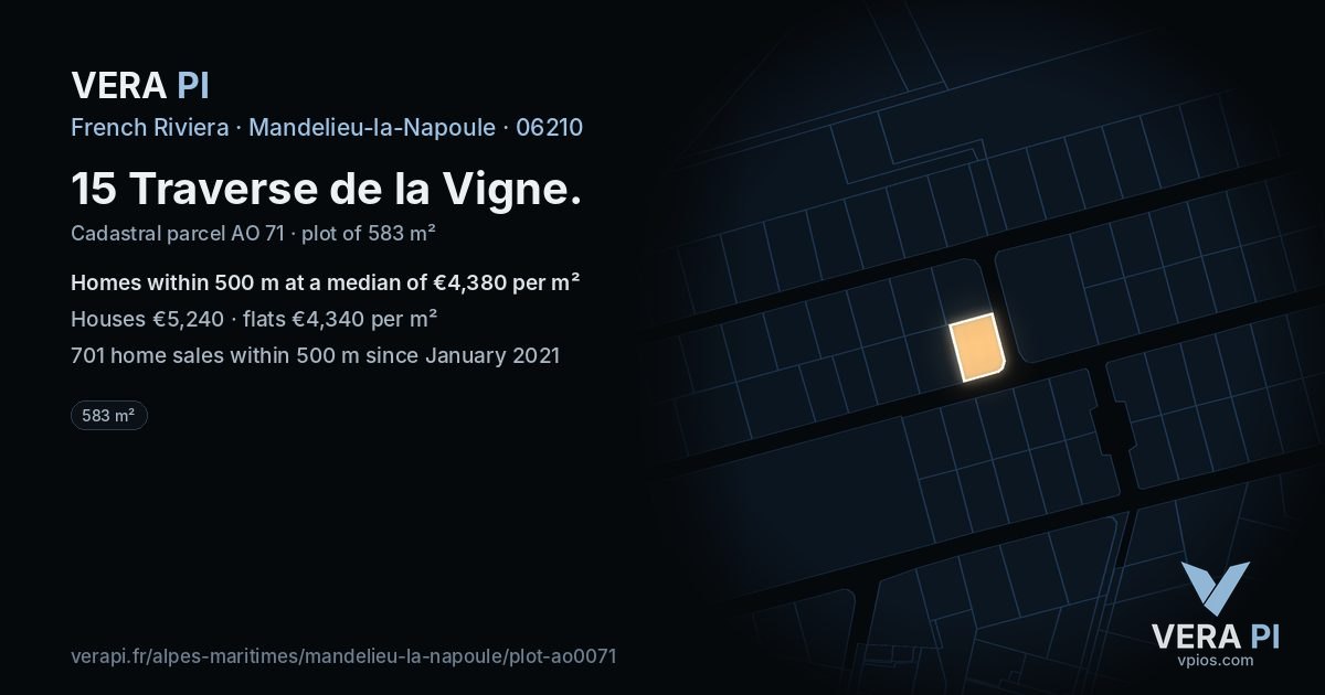 15 Traverse de la Vigne, Mandelieu-la-Napoule at night – the plot lit, the parcels around coloured by the prices near them