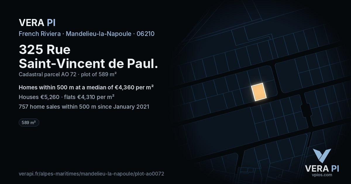 325 Rue Saint-Vincent de Paul, Mandelieu-la-Napoule at night – the plot lit, the parcels around coloured by the prices near them