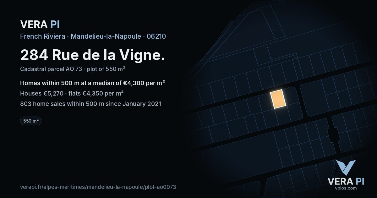 284 Rue de la Vigne, Mandelieu-la-Napoule at night – the plot lit, the parcels around coloured by the prices near them