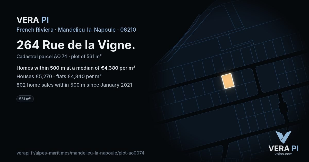 264 Rue de la Vigne, Mandelieu-la-Napoule at night – the plot lit, the parcels around coloured by the prices near them