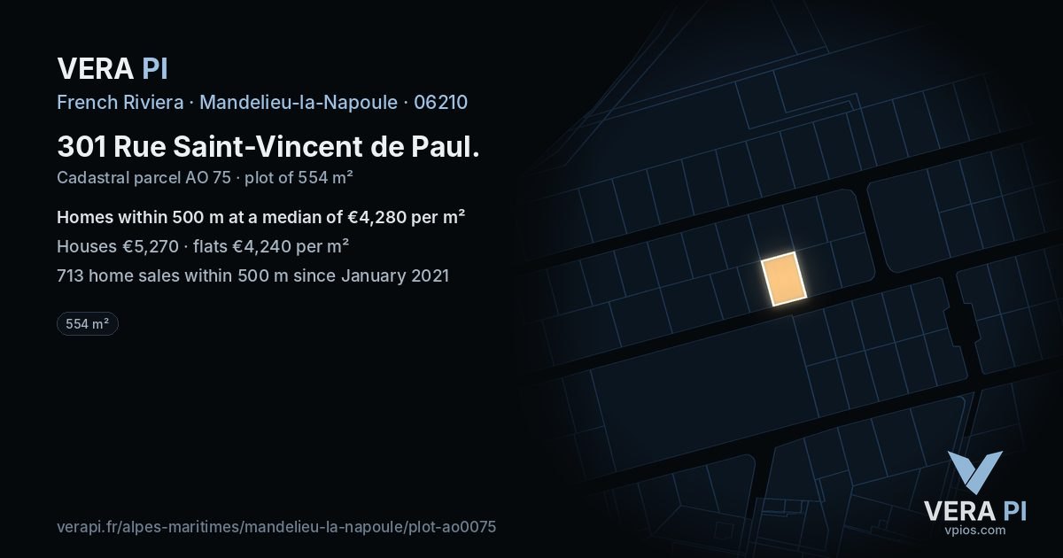 301 Rue Saint-Vincent de Paul, Mandelieu-la-Napoule at night – the plot lit, the parcels around coloured by the prices near them
