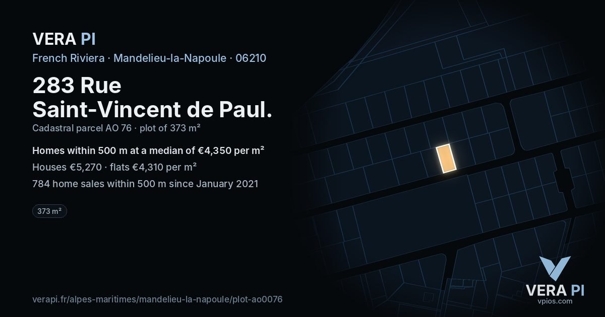 283 Rue Saint-Vincent de Paul, Mandelieu-la-Napoule at night – the plot lit, the parcels around coloured by the prices near them