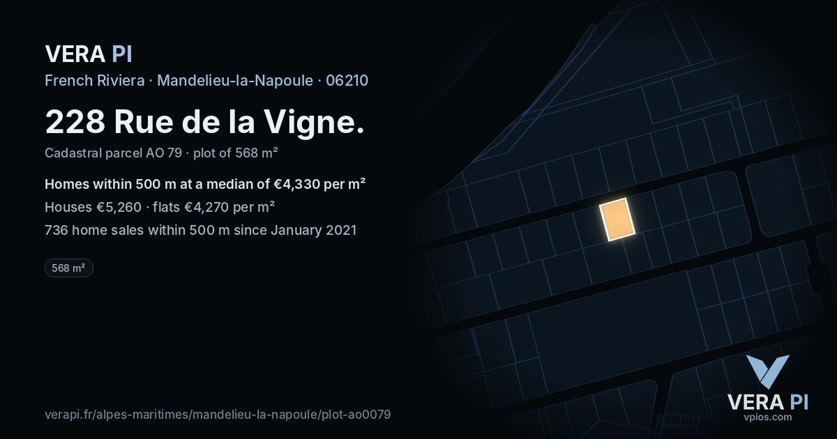 228 Rue de la Vigne, Mandelieu-la-Napoule at night – the plot lit, the parcels around coloured by the prices near them