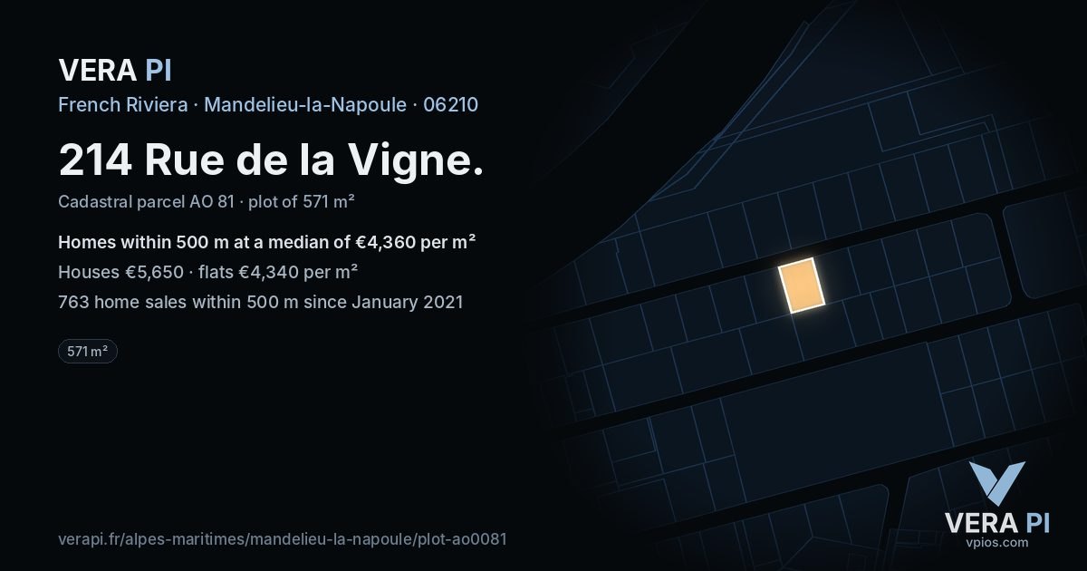 214 Rue de la Vigne, Mandelieu-la-Napoule at night – the plot lit, the parcels around coloured by the prices near them