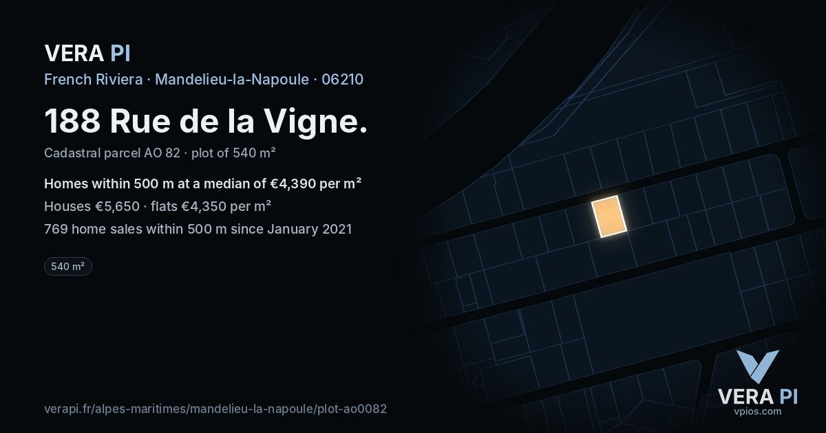 188 Rue de la Vigne, Mandelieu-la-Napoule at night – the plot lit, the parcels around coloured by the prices near them