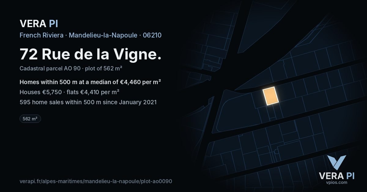 72 Rue de la Vigne, Mandelieu-la-Napoule at night – the plot lit, the parcels around coloured by the prices near them