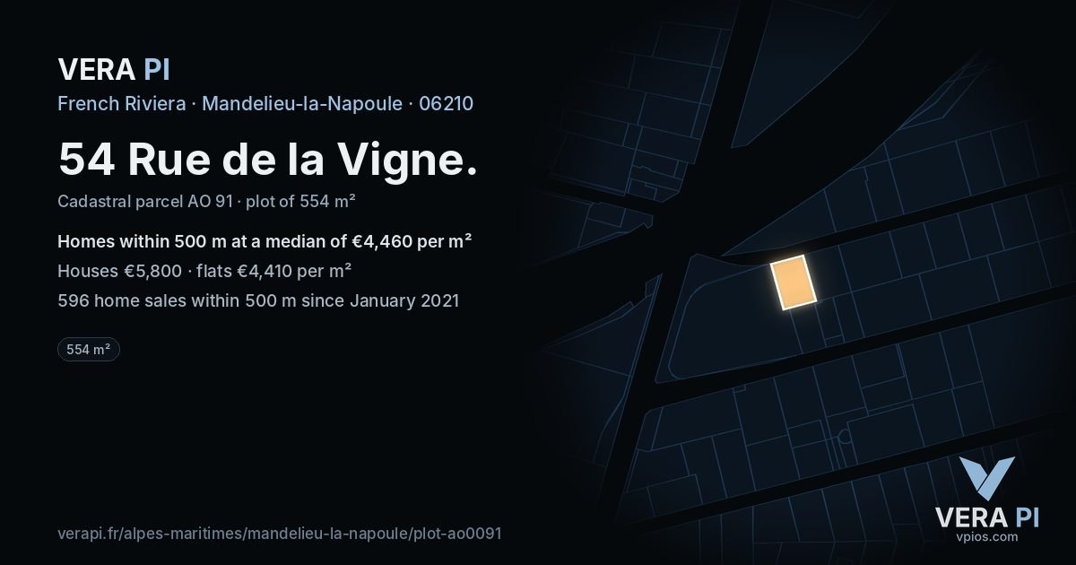 54 Rue de la Vigne, Mandelieu-la-Napoule at night – the plot lit, the parcels around coloured by the prices near them