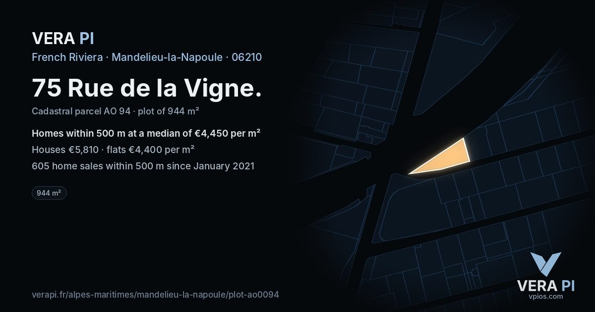75 Rue de la Vigne, Mandelieu-la-Napoule at night – the plot lit, the parcels around coloured by the prices near them