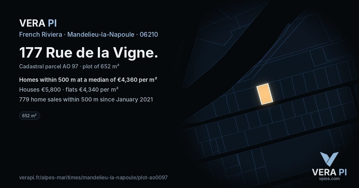 177 Rue de la Vigne, Mandelieu-la-Napoule at night – the plot lit, the parcels around coloured by the prices near them