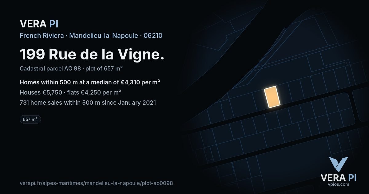 199 Rue de la Vigne, Mandelieu-la-Napoule at night – the plot lit, the parcels around coloured by the prices near them
