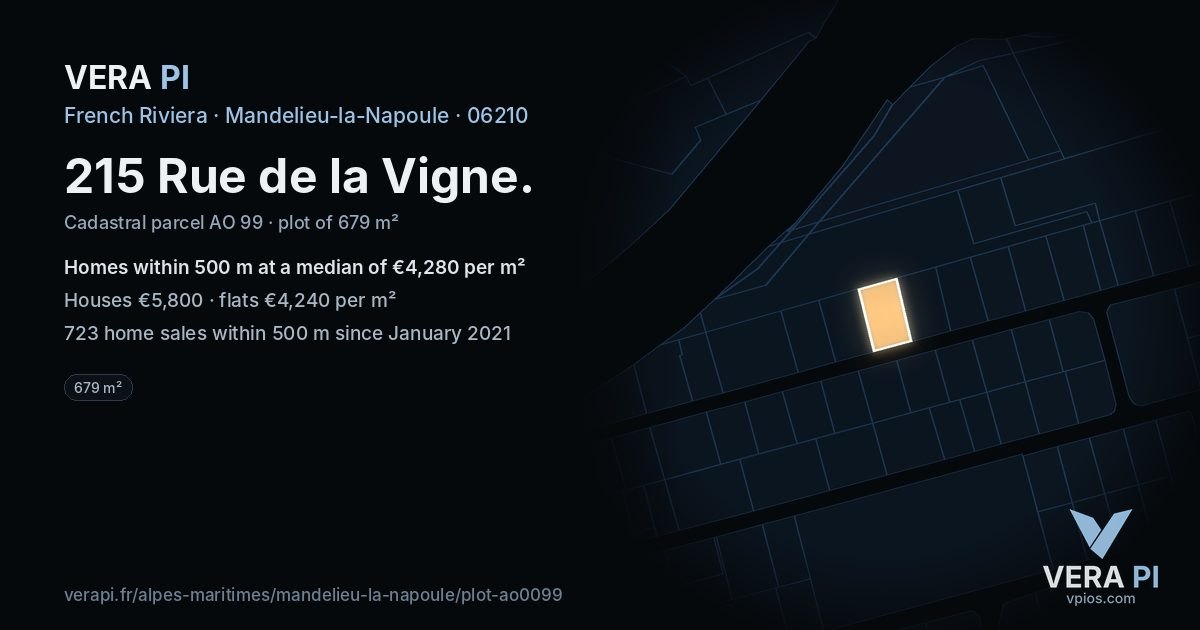 215 Rue de la Vigne, Mandelieu-la-Napoule at night – the plot lit, the parcels around coloured by the prices near them