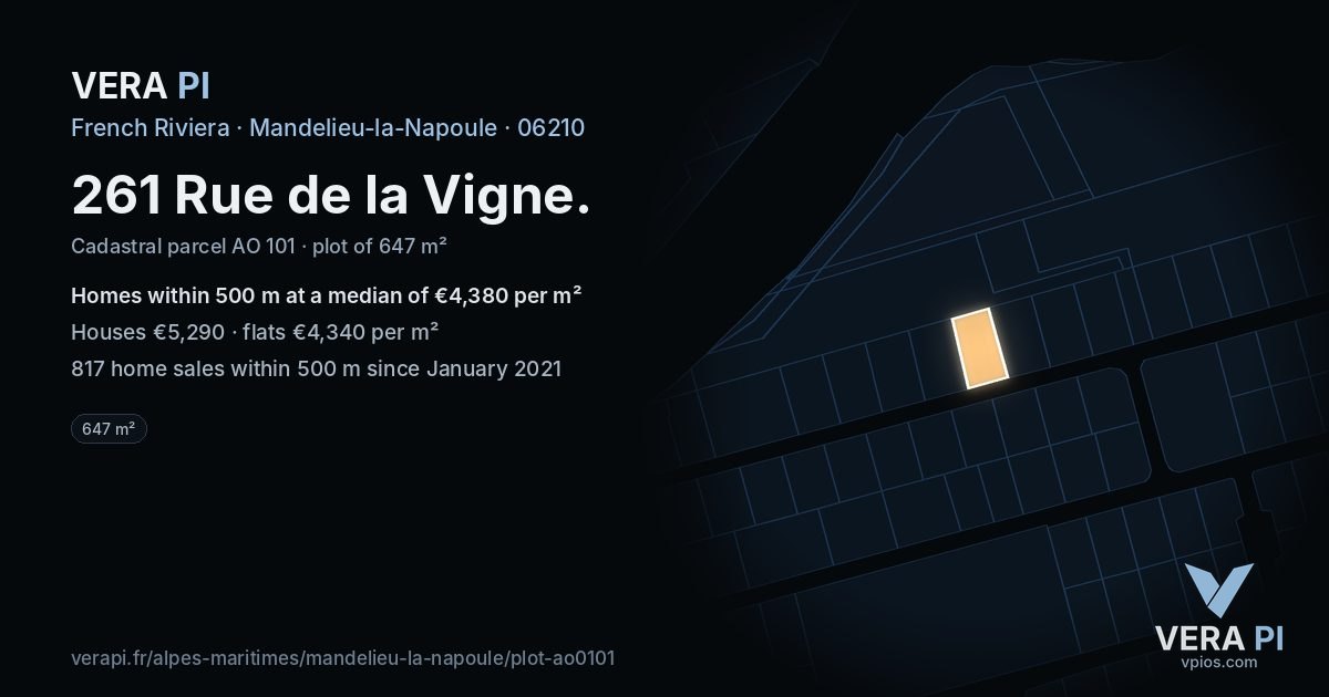 261 Rue de la Vigne, Mandelieu-la-Napoule at night – the plot lit, the parcels around coloured by the prices near them