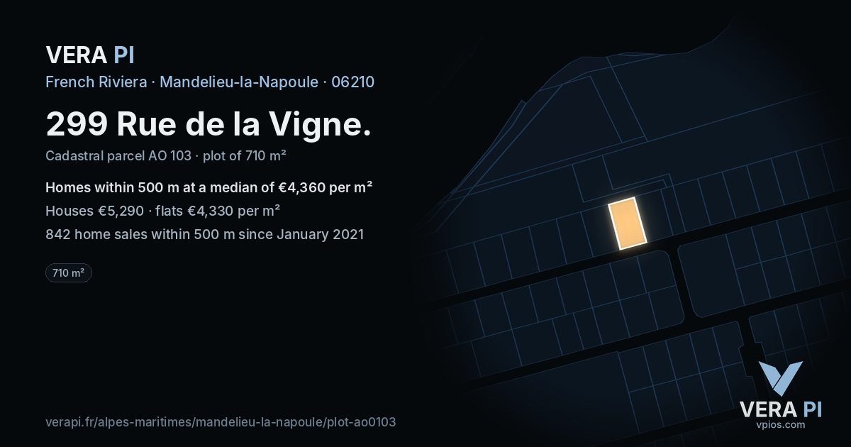 299 Rue de la Vigne, Mandelieu-la-Napoule at night – the plot lit, the parcels around coloured by the prices near them