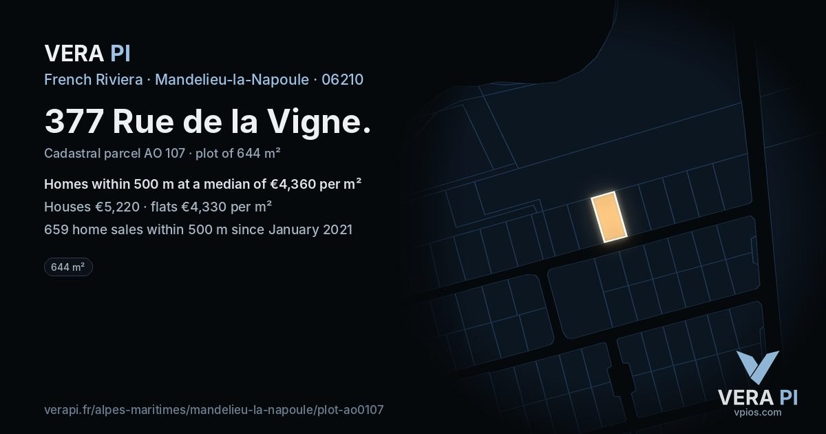377 Rue de la Vigne, Mandelieu-la-Napoule at night – the plot lit, the parcels around coloured by the prices near them