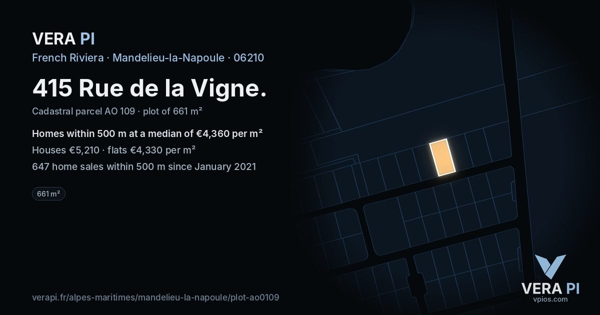 415 Rue de la Vigne, Mandelieu-la-Napoule at night – the plot lit, the parcels around coloured by the prices near them