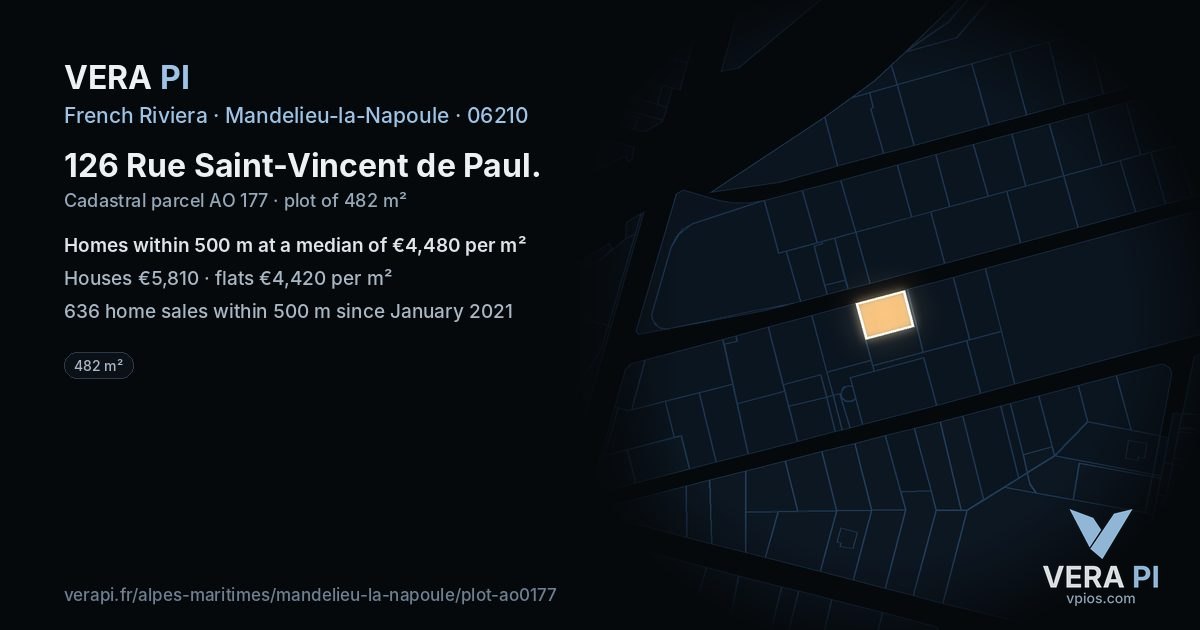 126 Rue Saint-Vincent de Paul, Mandelieu-la-Napoule at night – the plot lit, the parcels around coloured by the prices near them
