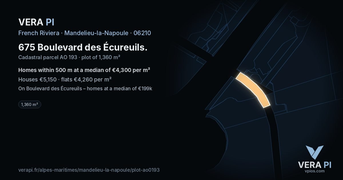 675 Boulevard des Écureuils, Mandelieu-la-Napoule at night – the plot lit, the parcels around coloured by the prices near them