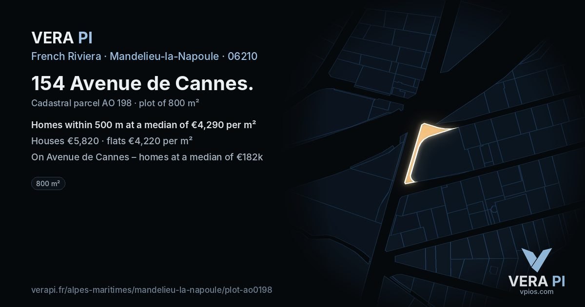154 Avenue de Cannes, Mandelieu-la-Napoule at night – the plot lit, the parcels around coloured by the prices near them