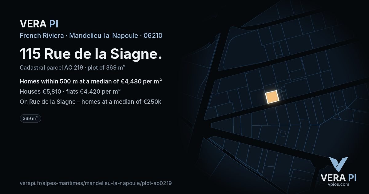 115 Rue de la Siagne, Mandelieu-la-Napoule at night – the plot lit, the parcels around coloured by the prices near them