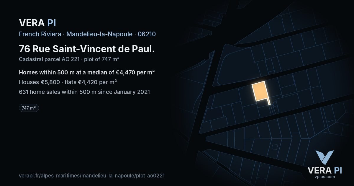 76 Rue Saint-Vincent de Paul, Mandelieu-la-Napoule at night – the plot lit, the parcels around coloured by the prices near them