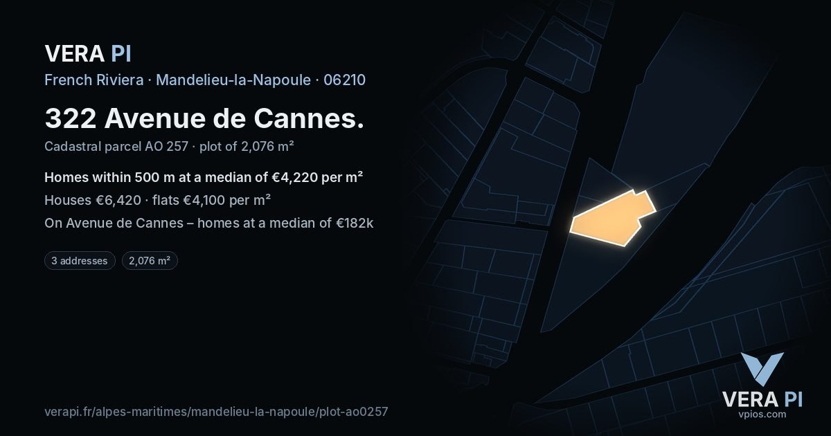 322 Avenue de Cannes, Mandelieu-la-Napoule at night – the plot lit, the parcels around coloured by the prices near them