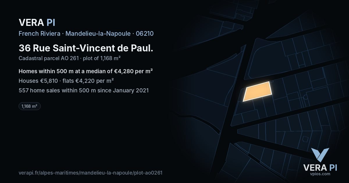 36 Rue Saint-Vincent de Paul, Mandelieu-la-Napoule at night – the plot lit, the parcels around coloured by the prices near them