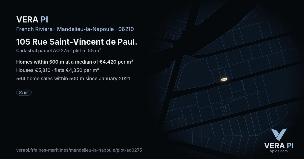 105 Rue Saint-Vincent de Paul, Mandelieu-la-Napoule at night – the plot lit, the parcels around coloured by the prices near them