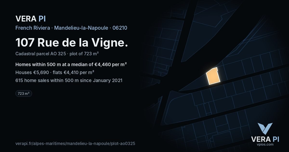 107 Rue de la Vigne, Mandelieu-la-Napoule at night – the plot lit, the parcels around coloured by the prices near them
