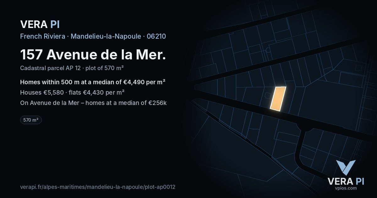 157 Avenue de la Mer, Mandelieu-la-Napoule at night – the plot lit, the parcels around coloured by the prices near them