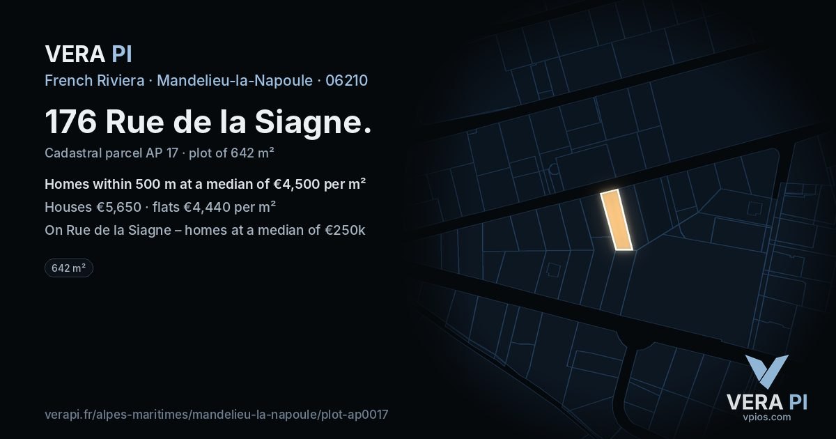 176 Rue de la Siagne, Mandelieu-la-Napoule at night – the plot lit, the parcels around coloured by the prices near them