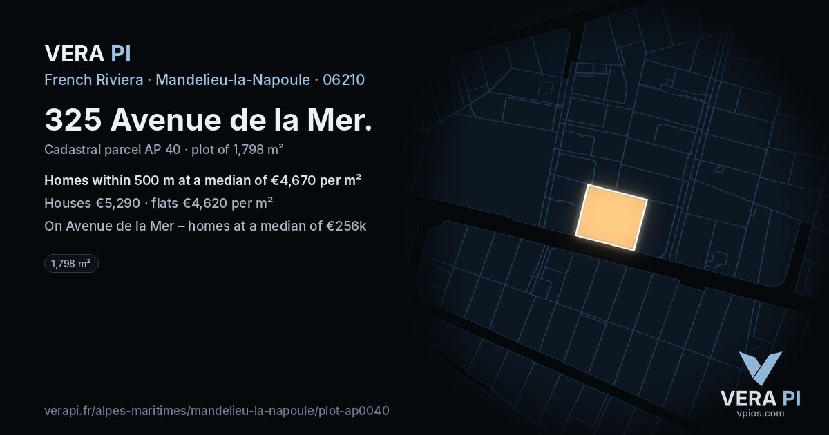 325 Avenue de la Mer, Mandelieu-la-Napoule at night – the plot lit, the parcels around coloured by the prices near them
