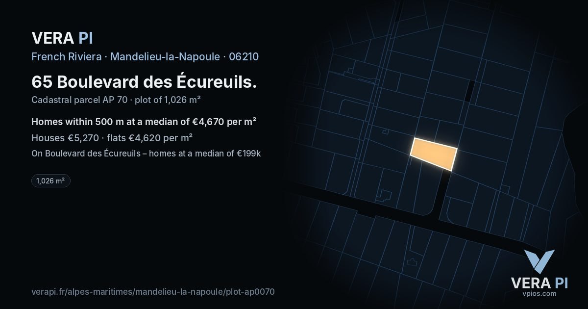 65 Boulevard des Écureuils, Mandelieu-la-Napoule at night – the plot lit, the parcels around coloured by the prices near them