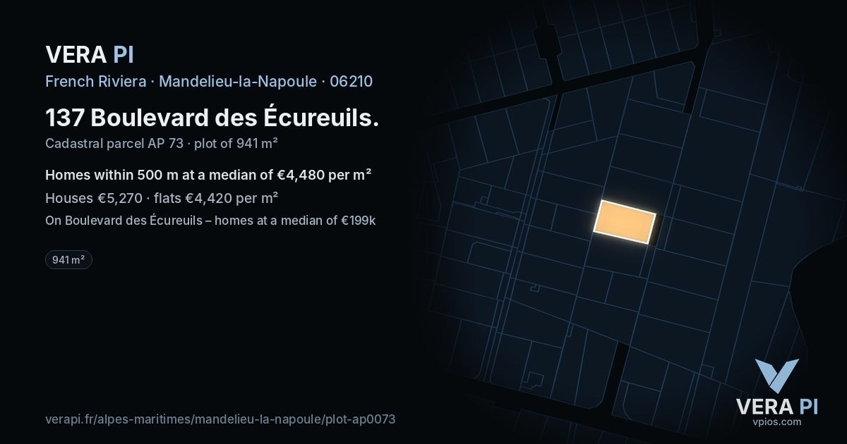 137 Boulevard des Écureuils, Mandelieu-la-Napoule at night – the plot lit, the parcels around coloured by the prices near them