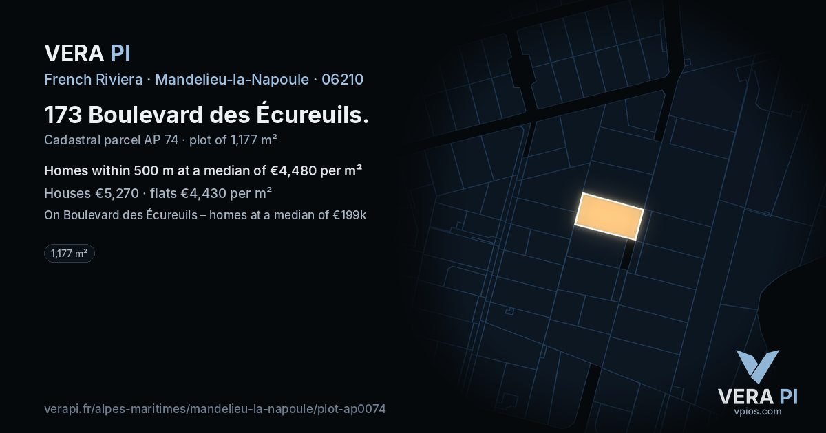 173 Boulevard des Écureuils, Mandelieu-la-Napoule at night – the plot lit, the parcels around coloured by the prices near them
