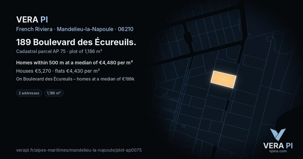 189 Boulevard des Écureuils, Mandelieu-la-Napoule at night – the plot lit, the parcels around coloured by the prices near them