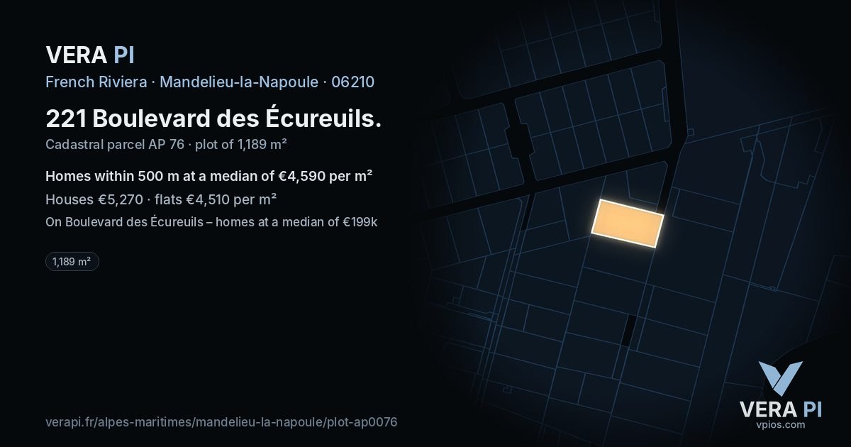 221 Boulevard des Écureuils, Mandelieu-la-Napoule at night – the plot lit, the parcels around coloured by the prices near them