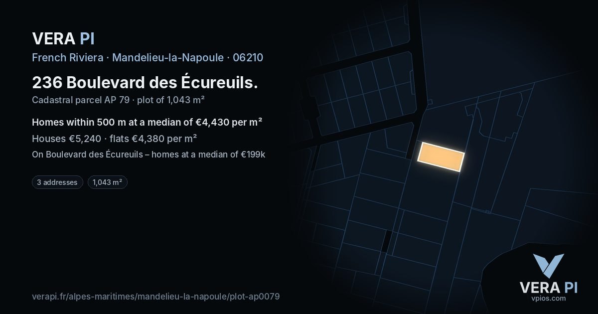 236 Boulevard des Écureuils, Mandelieu-la-Napoule at night – the plot lit, the parcels around coloured by the prices near them