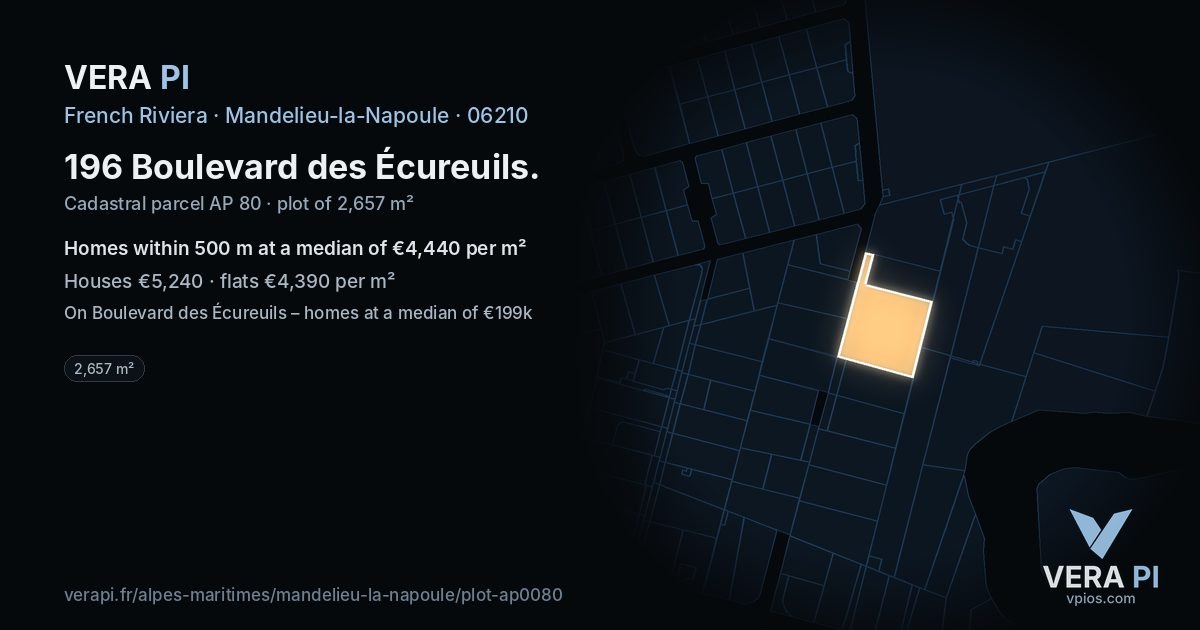 196 Boulevard des Écureuils, Mandelieu-la-Napoule at night – the plot lit, the parcels around coloured by the prices near them