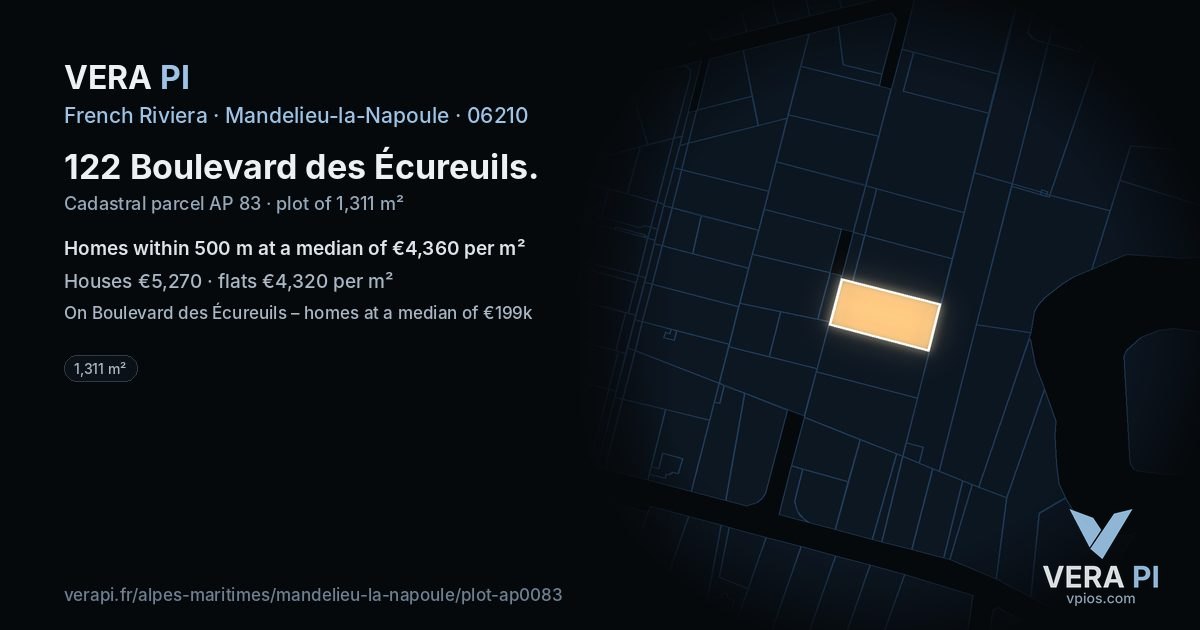 122 Boulevard des Écureuils, Mandelieu-la-Napoule at night – the plot lit, the parcels around coloured by the prices near them