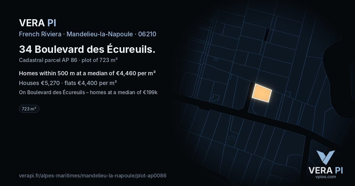 34 Boulevard des Écureuils, Mandelieu-la-Napoule at night – the plot lit, the parcels around coloured by the prices near them