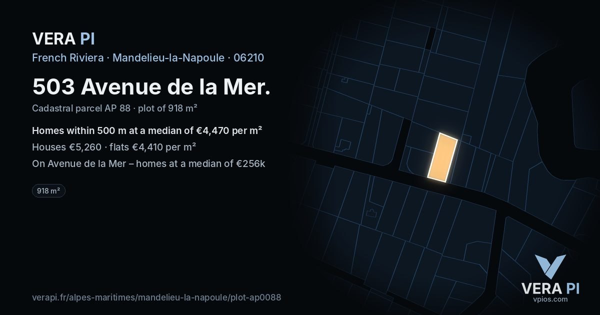 503 Avenue de la Mer, Mandelieu-la-Napoule at night – the plot lit, the parcels around coloured by the prices near them