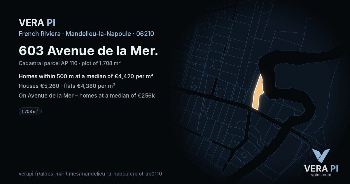 603 Avenue de la Mer, Mandelieu-la-Napoule at night – the plot lit, the parcels around coloured by the prices near them