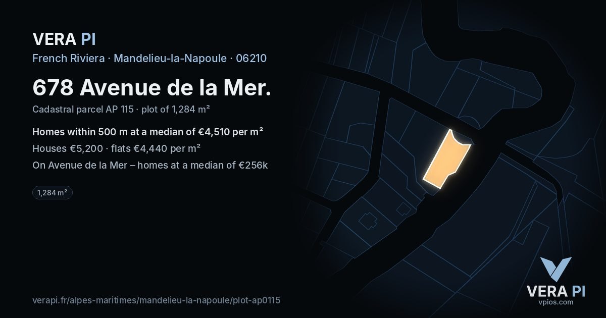 678 Avenue de la Mer, Mandelieu-la-Napoule at night – the plot lit, the parcels around coloured by the prices near them